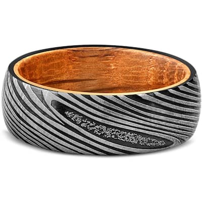 Men's Tungsten & Whiskey Barrell 8mm Ring Damascus Pattern Wedding Band