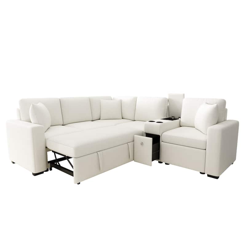 L-Shaped Modular Sectional Sofa with Pull-Out Bed, Chenille Convertible Sleeper Sofa Bed with Cup Holders & Multiple Storage
