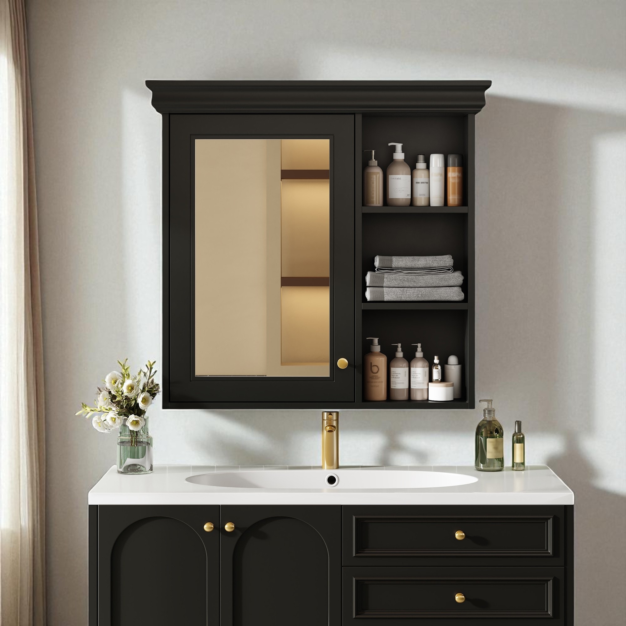 30'' x 28'' Wall Mounted Bathroom Medicine Cabinet with Mirror, Storage Organizer with Adjustable Shelves, Over Toilet Cabinet