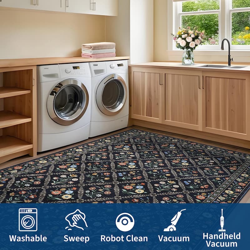 Floral Area Rugs for Living Room Bedroom Soft Farmhouse Washable Rug Non-Slip Low Pile Accent Carpet