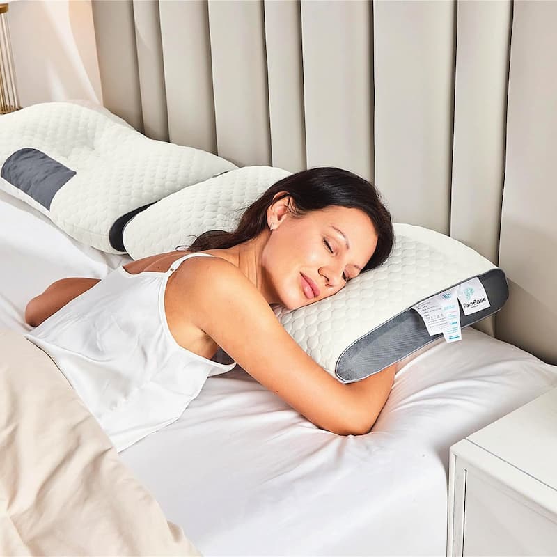 Set of 2 Ergonomic Cervical Neck Pillows, Orthopedic Contour Support Bed Pillow with Washable Covers - Beige