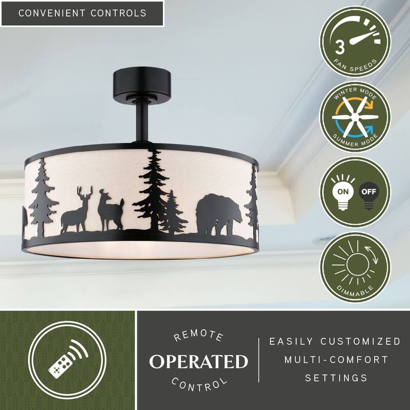 Acadia 20 in. Bronze Rustic Fandelier Ceiling Fan with Black Blades, LED Light Kit and Remote, Wildlife White Linen Drum Shade