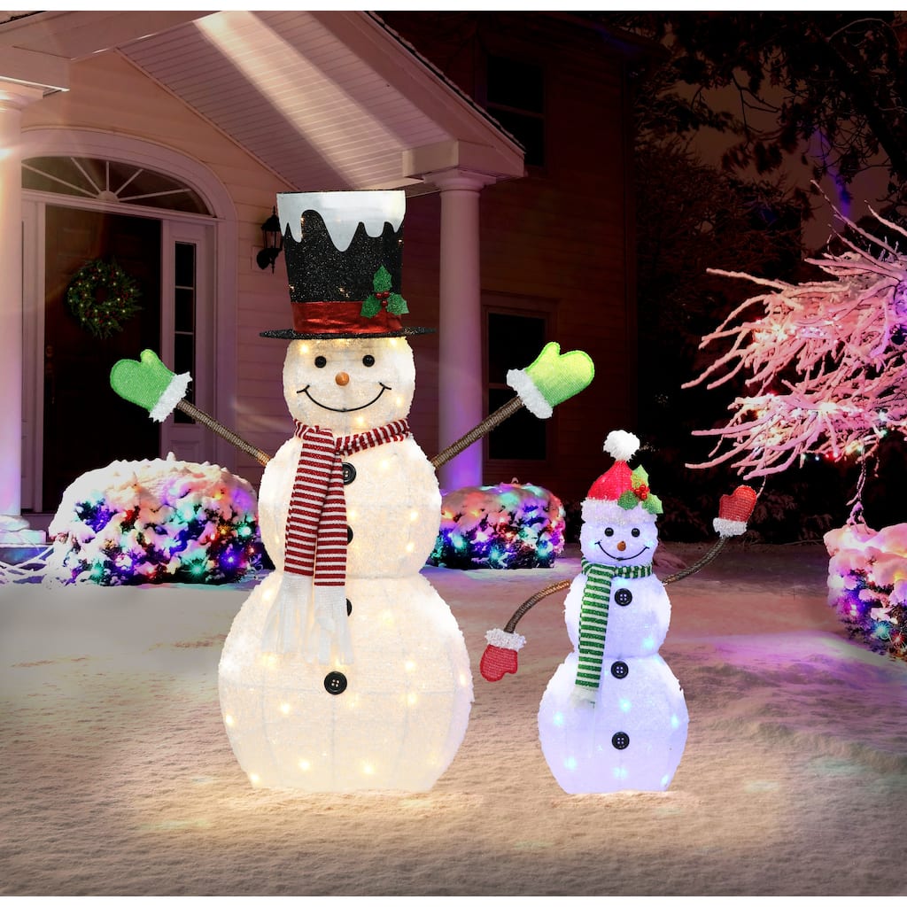 Puleo International Lighted Outdoor 2-Piece Snowmen Set - White; Red; Green; Black