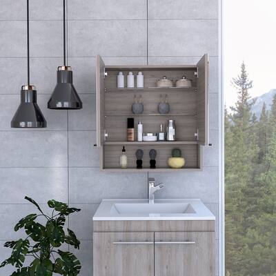 23.4" W x 24.6" H Mirrored Medicine Cabinet with Two Doors, Three Shelves, Light Gray Finish for Bathroom Storage