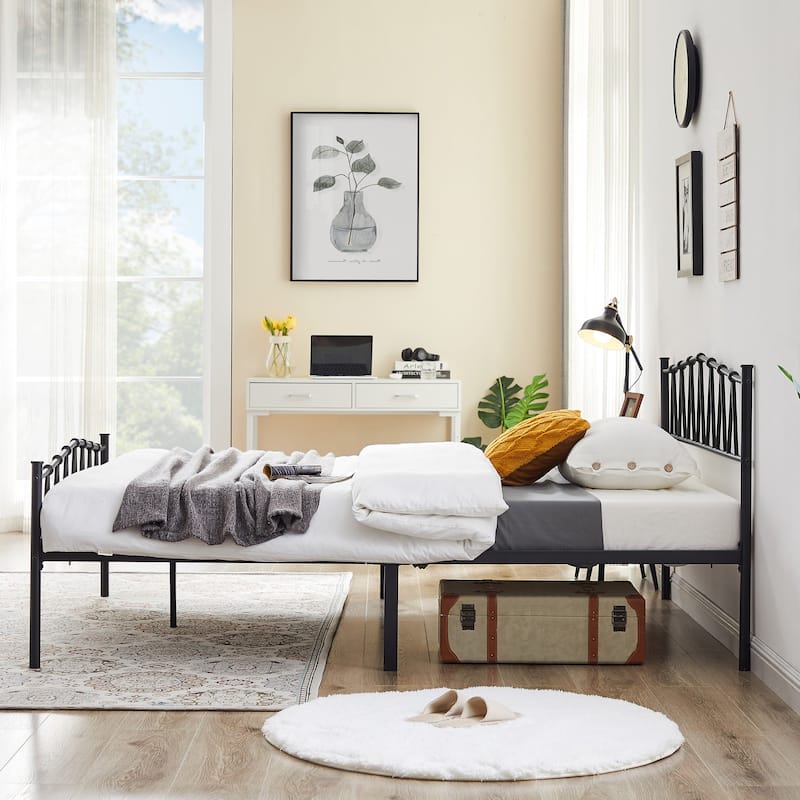 Javlergo Vintage Metal Platform Bed Frame with Headboard and Footboard, Heavy Duty Slat Support/No Box Spring Needed