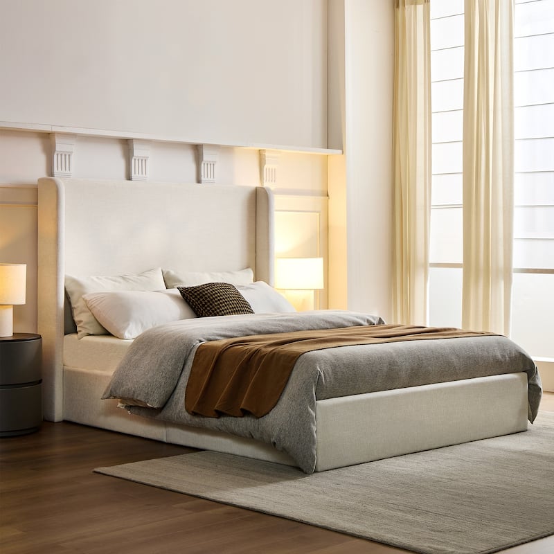 Queen Size Upholstered Wingback Bed with 54" Tall Headboard and Noiseless Metal Frame - Ivory