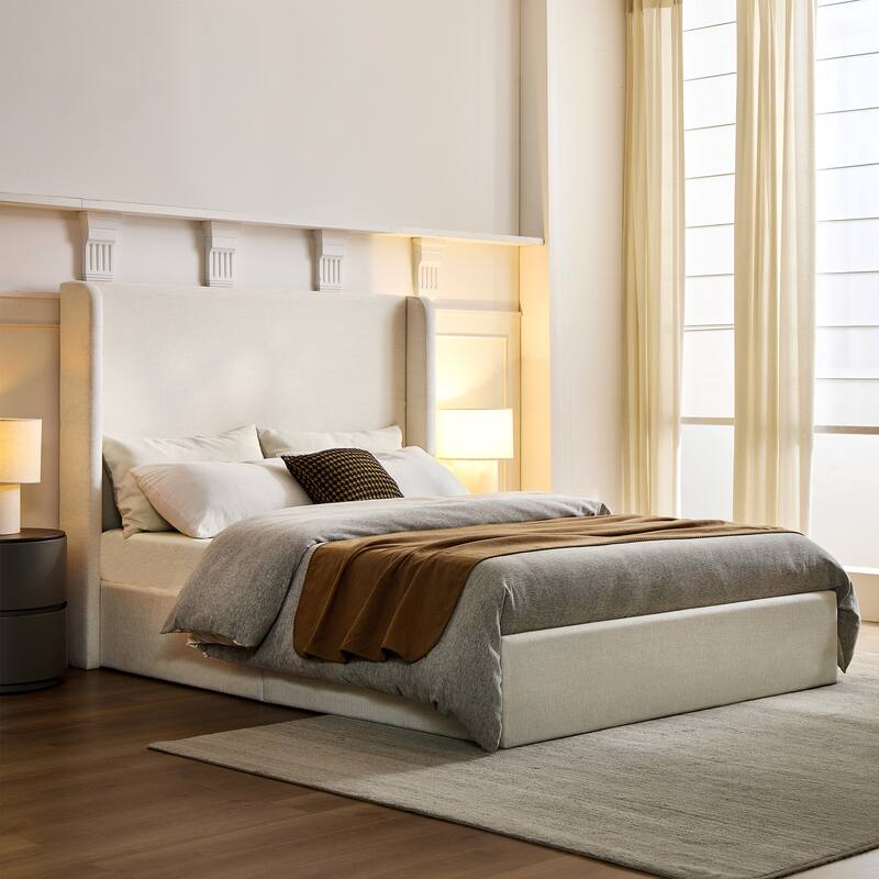 Tall Headboard Wingback Upholstered Platform Bed Frame Elegant Textured for Bedroom Strong Wood Slats Support - Queen