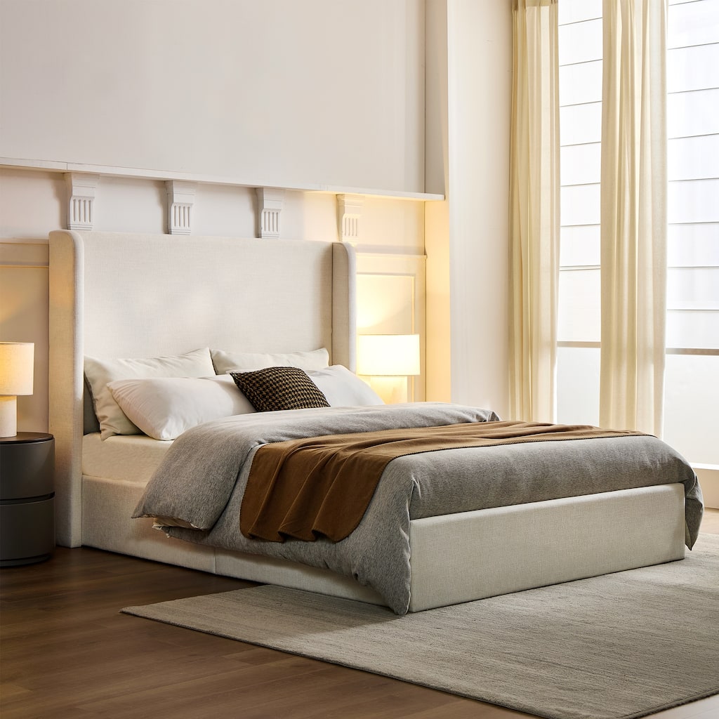 Upholstered Wingback Bed / Upholstered Platform Bed Frame / 54" High Headboard / No Box Spring Needed / Easy Assembly / Queen