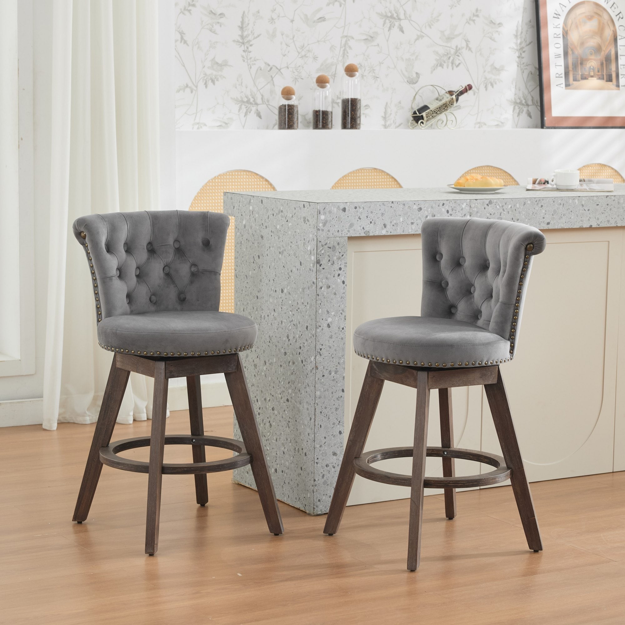 Set of 2 26" Counter Height Swivel Velvet Upholstered Bar Stools, with Back, Wood Frame