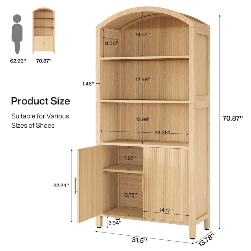 71‘’ Tall Arched 5-Tier Shoe Cabinet with Doors - Natural
