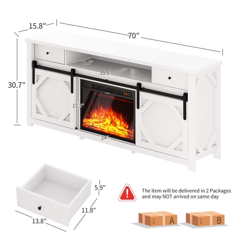 70" Sliding Diamond Door TV Stand for TVs up to 73" with 23" Electric Fireplace Included
