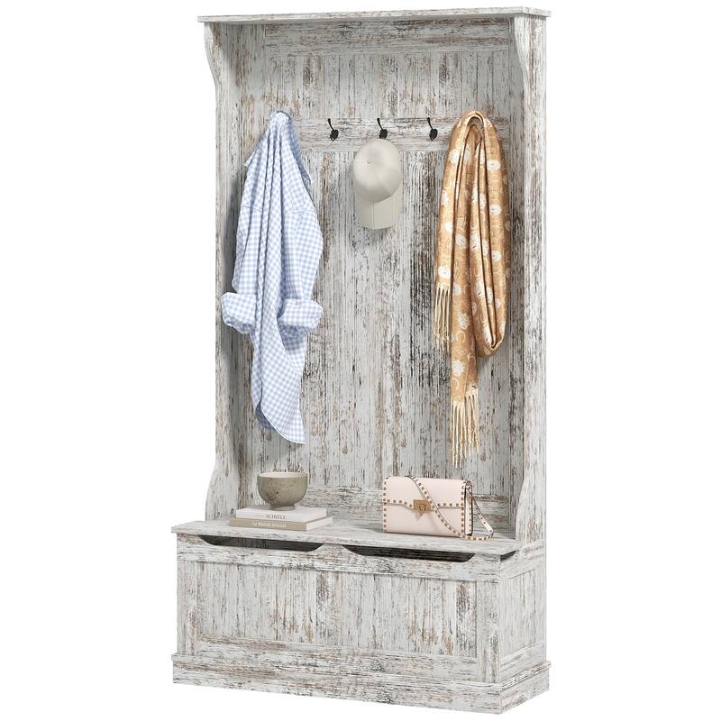 Modern Coat Rack with Anti-Tip Device Storage Bench 5 Hooks and Shoe Cabinet, for Entry and Hallway, Distressed White
