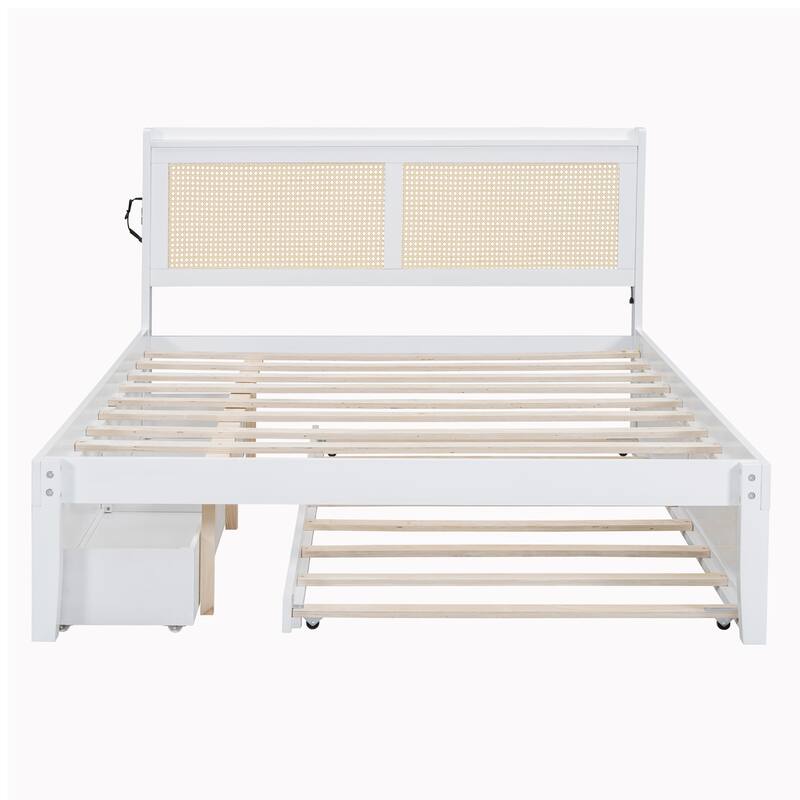 Elegant Bed Frame with Rattan Headboard and Sockets