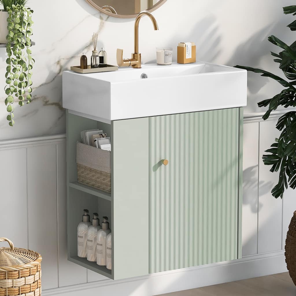 21.6-Inch Green Floating Bathroom Vanity with Ceramic Sink, Wave Pattern Door & Rose Gold Handle - 12.2in L Ceramic+MDF