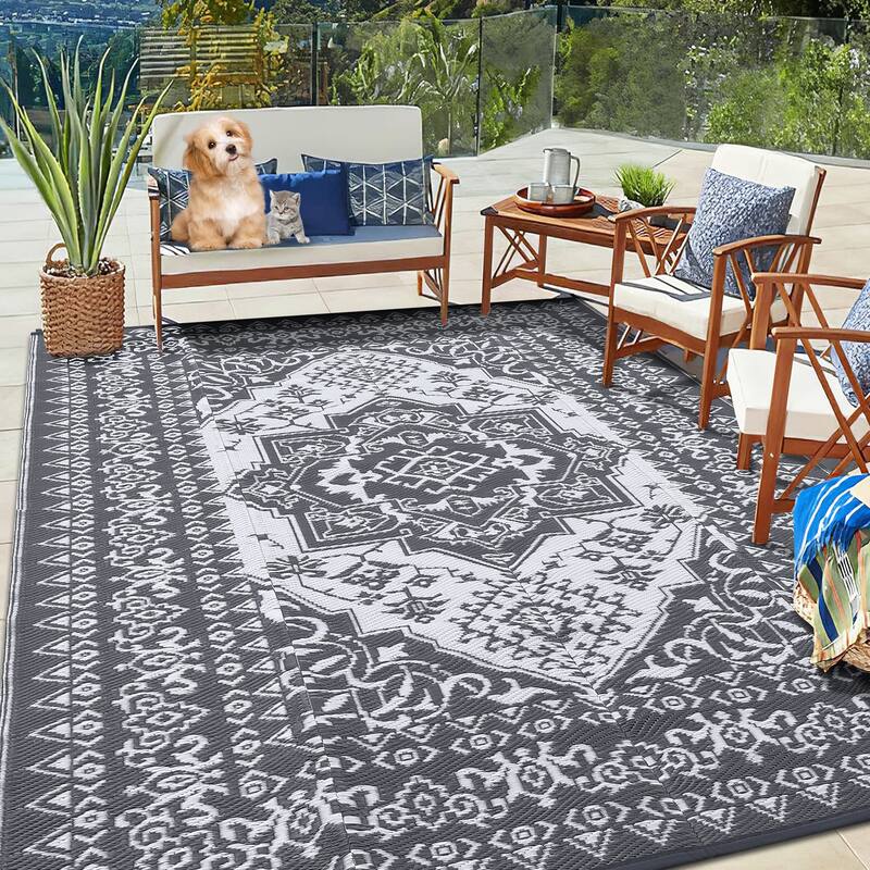 Outdoor Patio Rug Waterproof Reversible Carpet Vintage Boho Medallion Rug Plastic Straw Rug