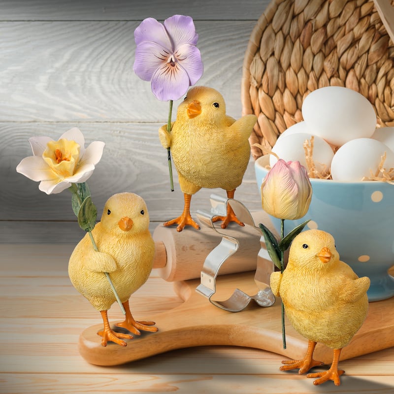 Resin And Metal Chick With Flower 5" Set of 3