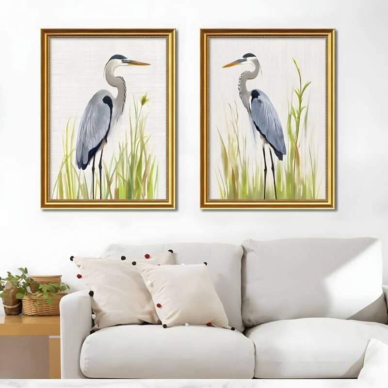 Set of 2 Heron Bird Framed Wall Art - Replaceable Canvas Prints with Solid Wood Picture Frames, Modern Nature Wall Decor