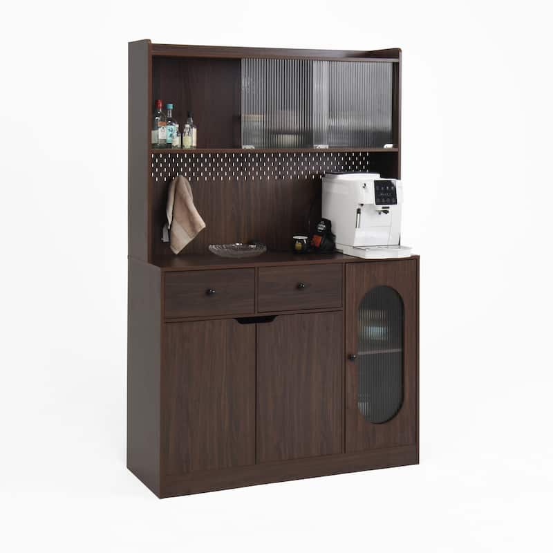 71" Tall Kitchen Pantry Cabinet with Reeded Glass Doors, Microwave Stand and Storage Shelves, Freestanding Bakers Rack Sideboard