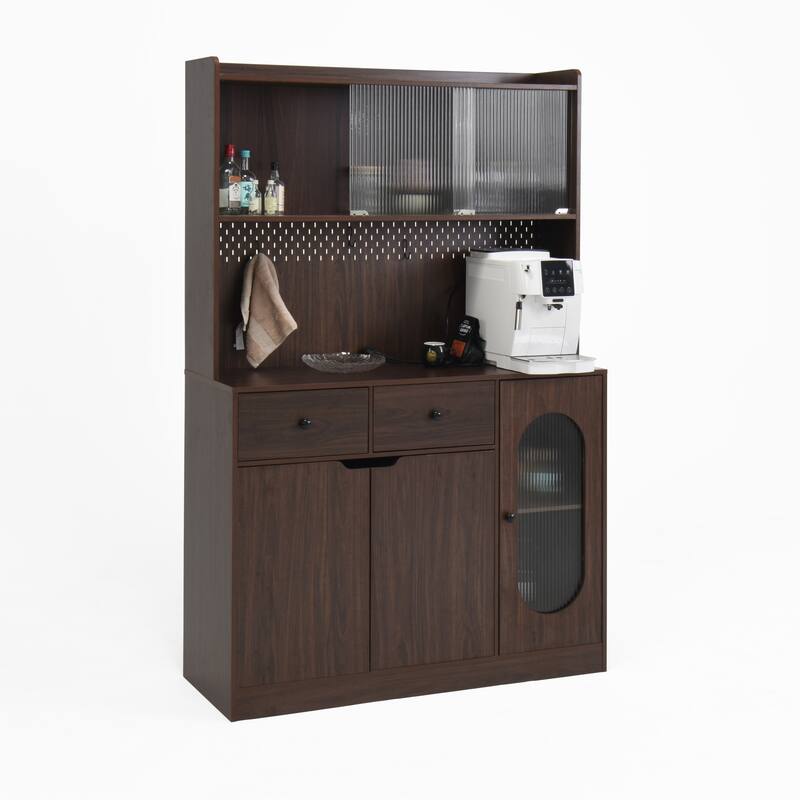 Kitchen Pantry with Bakers Racks, Freestanding Sideboard Cupboard with Reeded Glass Doors, Wood Cupboard with Microwave Stand