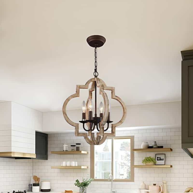4 - Light Oil Bronzed Lantern Pendant, Wood Antique Medieval Style Geometric Chandelier - Oil Bronzed