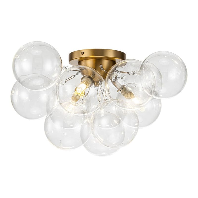 3-Light Clear Glass Globe Bubble Semi Flush Chandelier - Brass 18in