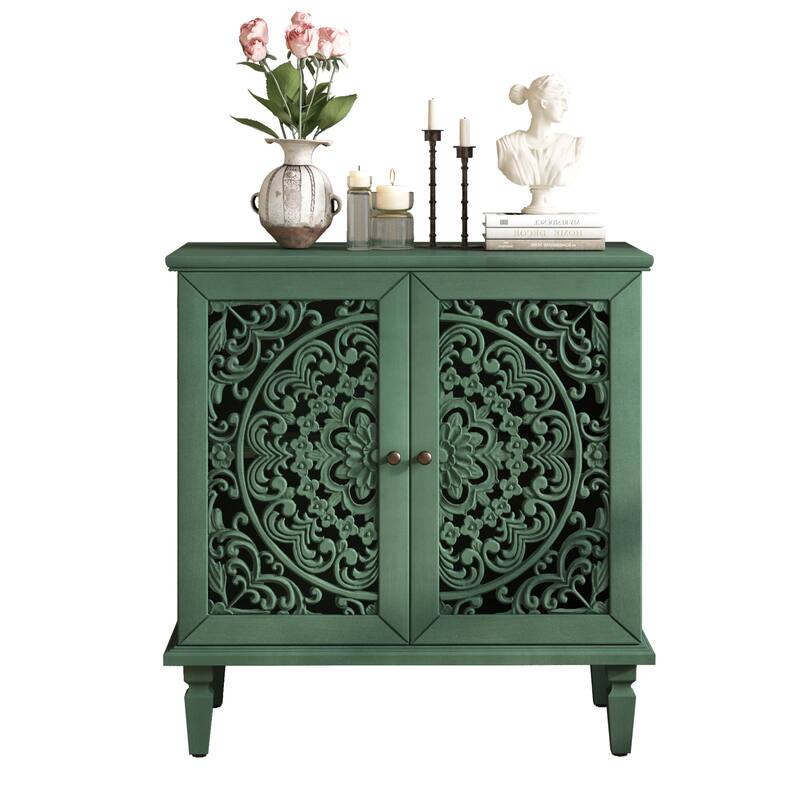 Roomfitters 2-Door Hollow-Carved Accent Cabinet, Symmetrical Floral Sideboard with Adjustable Shelf