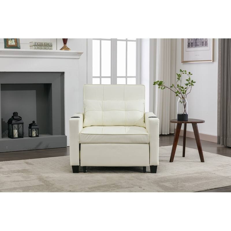 3-in-1 Convertible Sofa Chair,Pull Out Sleeper Chair with USB Ports and Cup Holders（Leather）