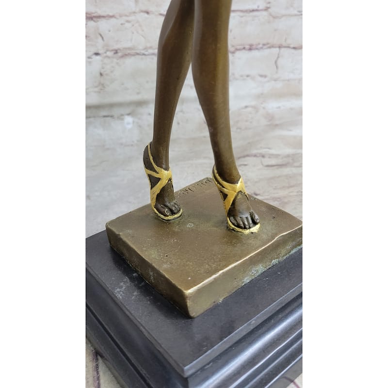 Signed Gold Patina Tall Chiparus Lady Bronze Sculpture On Marble Base Figurine