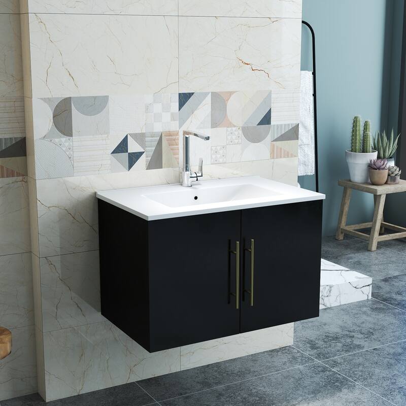 30-Inch Gloss Wall-Mounted Bathroom Vanity with Double Doors, Soft-Close Hangers,Long Gold Metal Handle