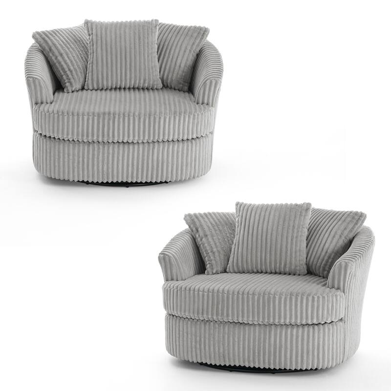 2 Set Oversized 43" W Plush Corduroy Swivel Barrel Chair with Pillows
