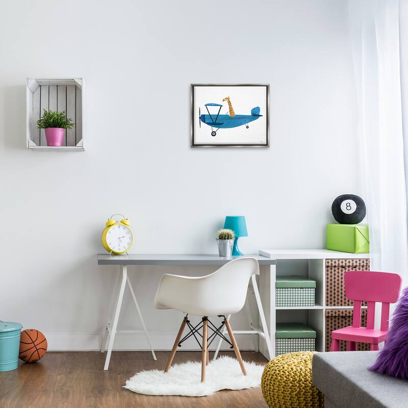 Stupell Giraffe Pilot in Airplane Framed Floater Canvas Wall Art Design by Rachel Nieman