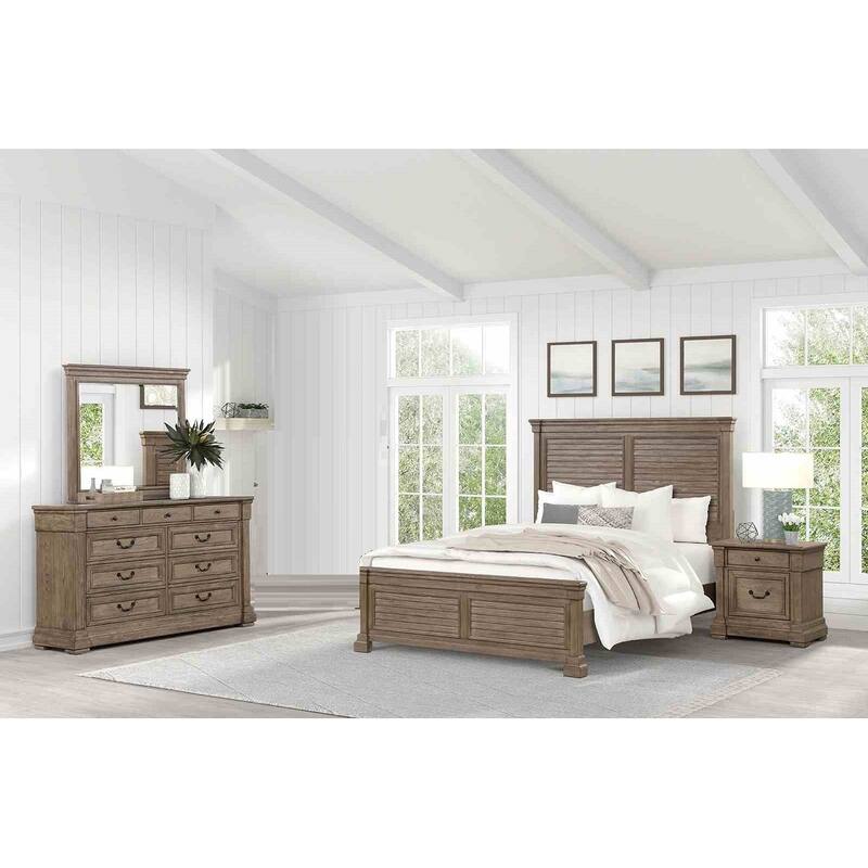 Weathered Gray Transitional Bedroom Set 4 Piece Bed Nightstand Dresser Mirror