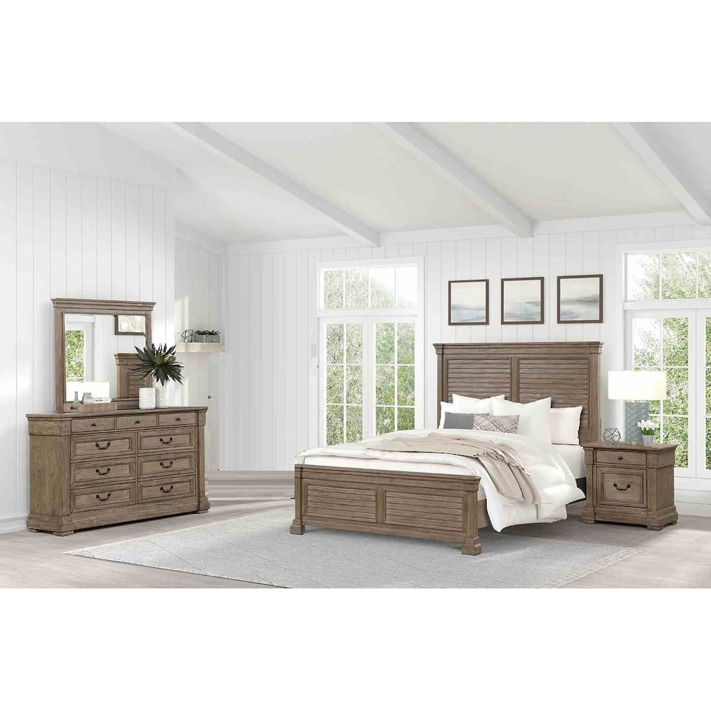 Weathered Gray Transitional Bedroom Set 4 Piece Bed Nightstand Dresser Mirror