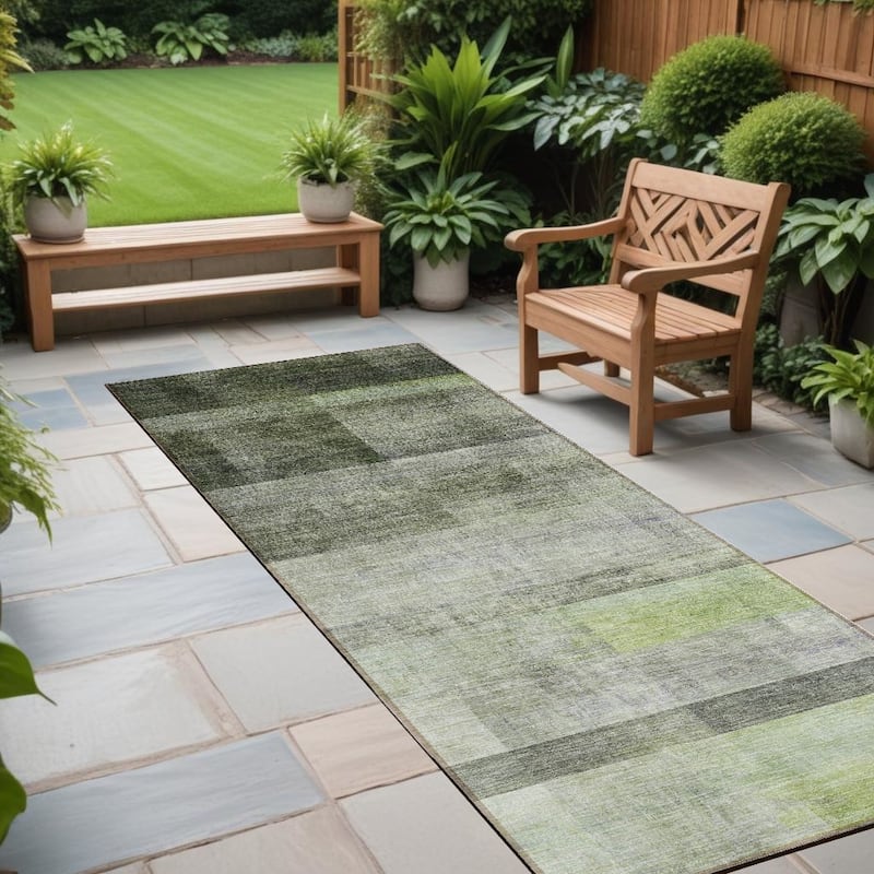 Elna Ombre Weather Resistant Classic Meets Modern Outdoor Rug - 8' Runner - Green