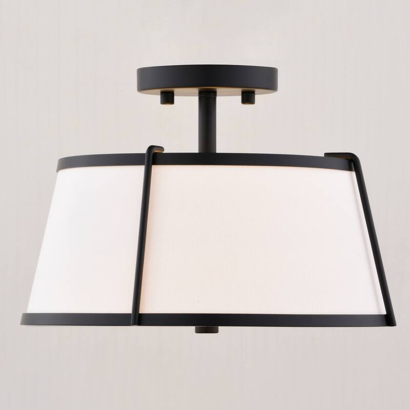 Marion 2-Light Mid-Century Modern Drum Semi Flush Mount Lighting Ceiling Fixture White Linen Shade for Entryway, Kitchen