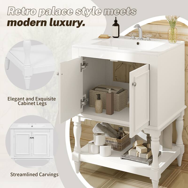 24" Modern Luxury Bathroom Vanity with Ceramic Sink, Compact Cabinet with Open Shelf & Closed Storage