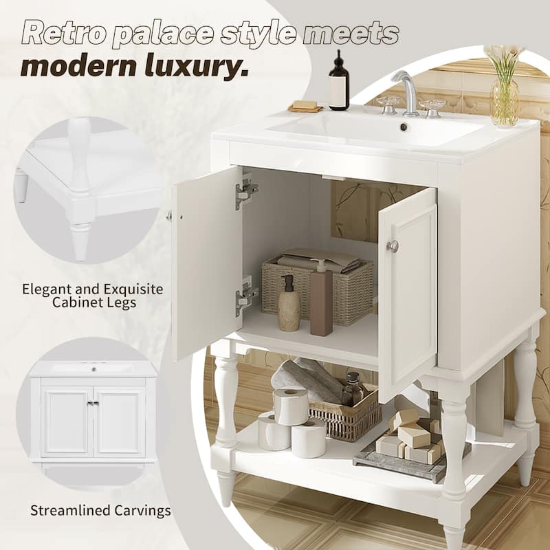 24 inch Modern Luxury Bathroom Vanity with Ceramic Sink, Bathroom Cabinet with Open Shelf and Closed Storage
