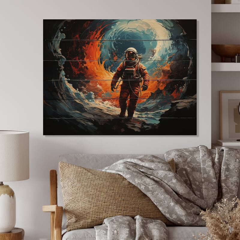 Designart "Space Astronaut Cosmic Dreams I" Space Print on Natural Pine ...