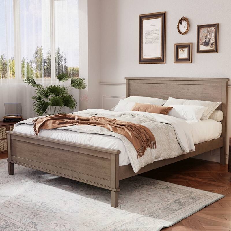 Wood Platform Bed with Headboard and Wood Slat Support