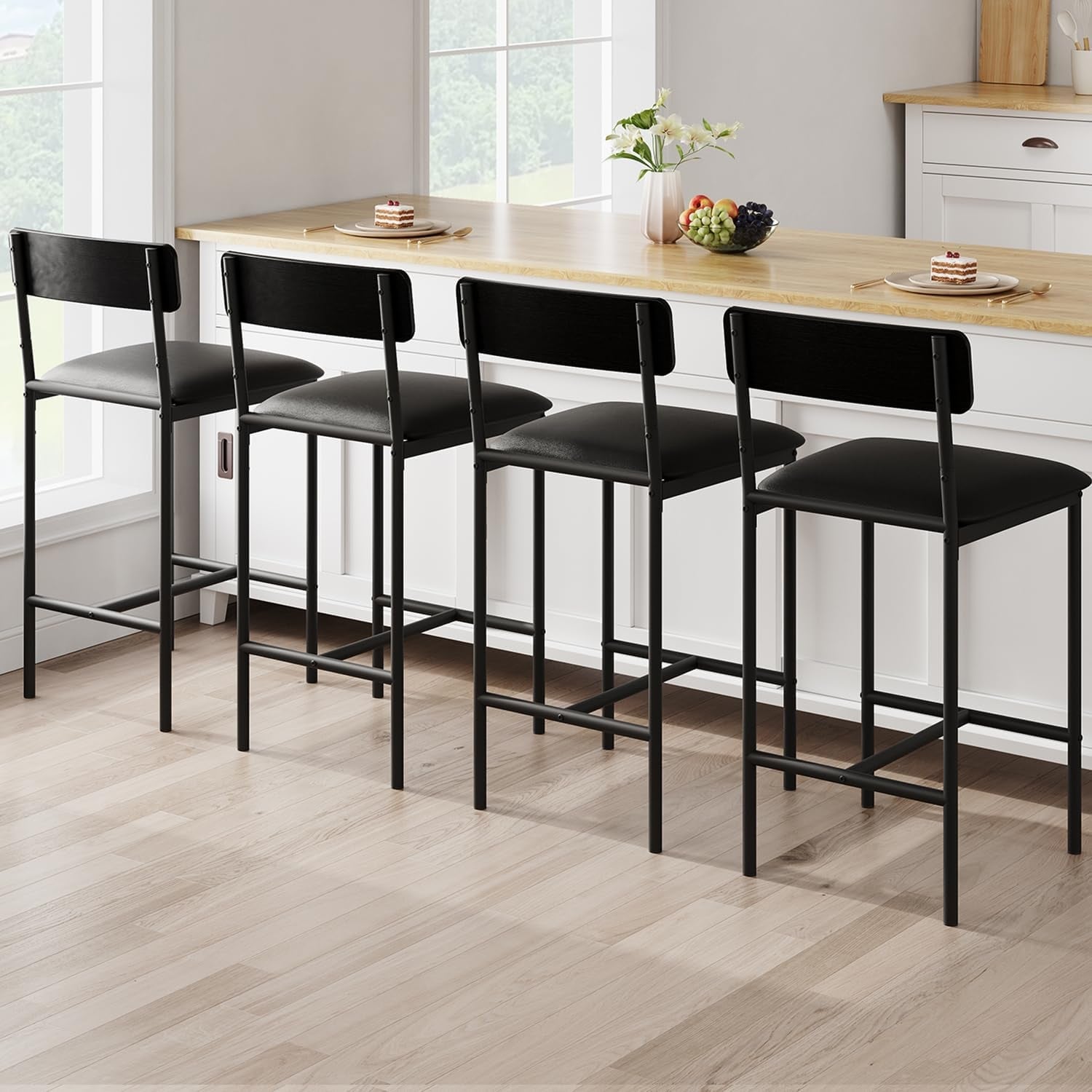Upholstered Counter Height Bar Stools with Backrest and Footrest, Kitchen Barstools for Island, Counter Bar, Easy Assembly