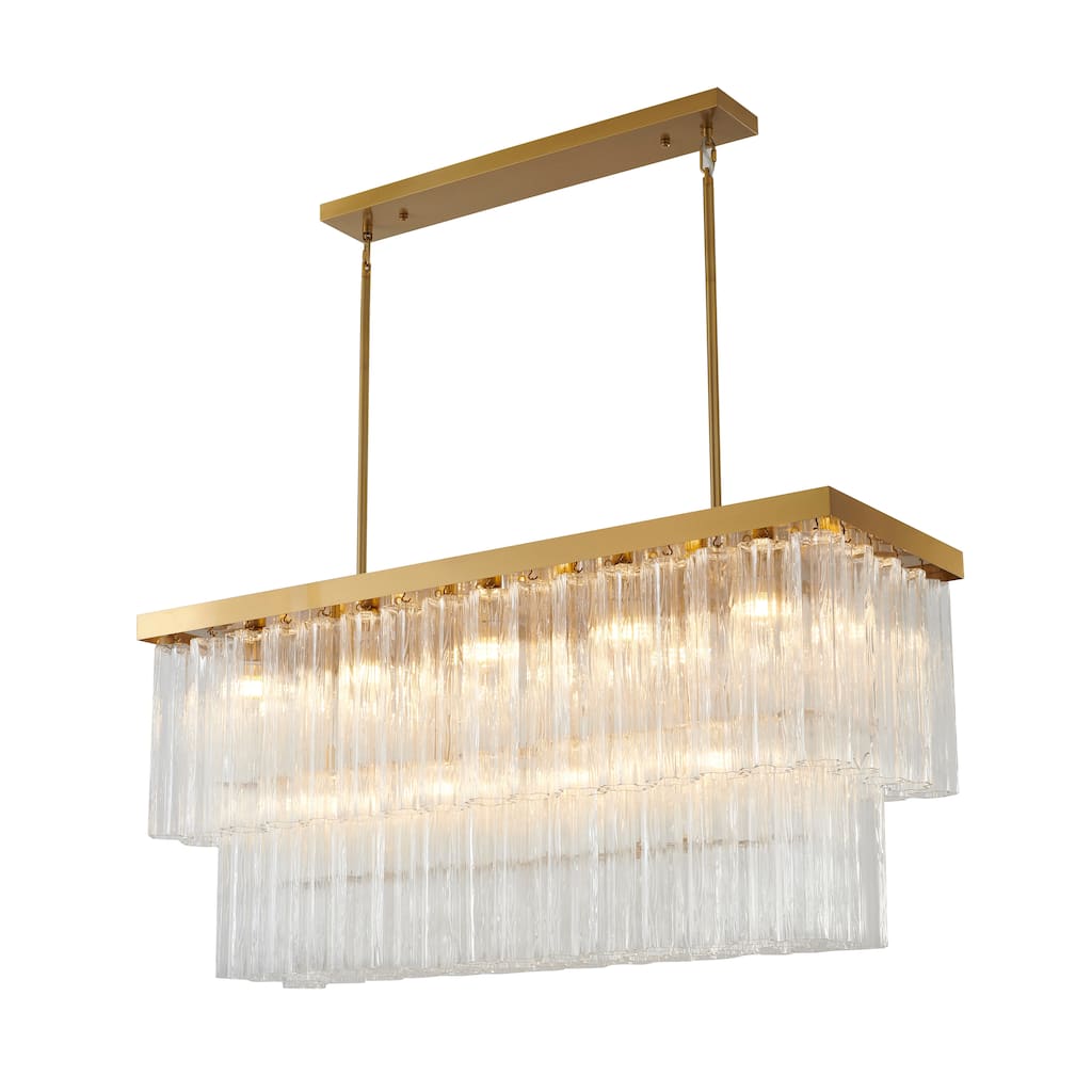 14-Light Satin Brass Metal Chandelier With Clear Ribbed Glass