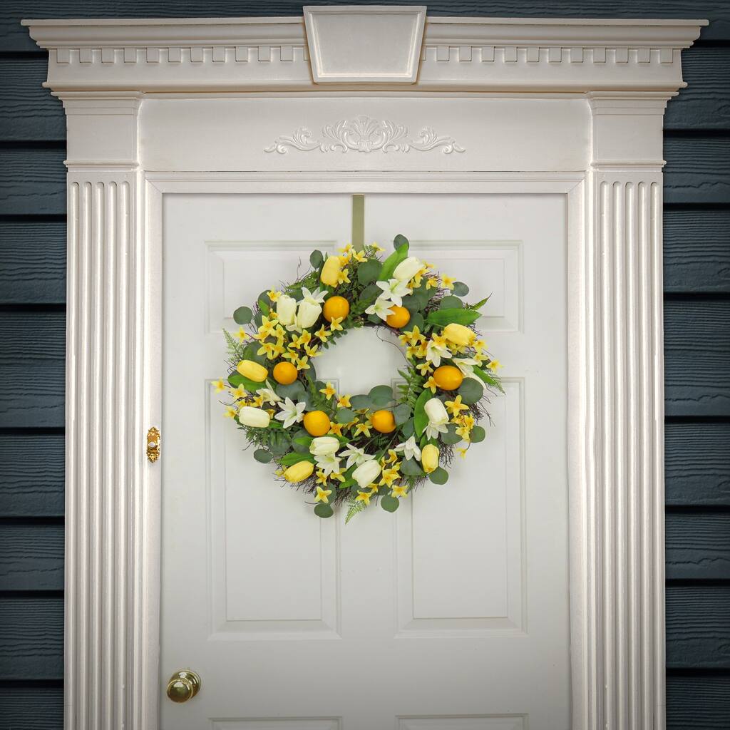 National Tree Company 24 inch Artificial Spring Wreath with Yellow Tulip Blooms, Lemons, and Forsythia Flower Blossoms - 22 in