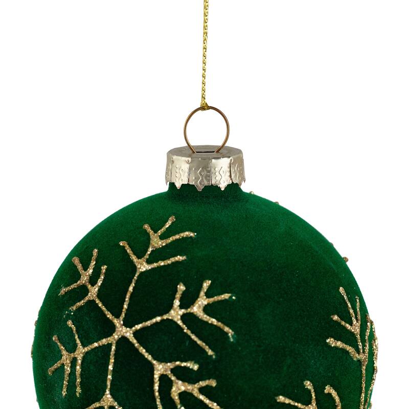 4ct Green Flocked Glass Ball Christmas Ornaments Gold Snowflakes 3"