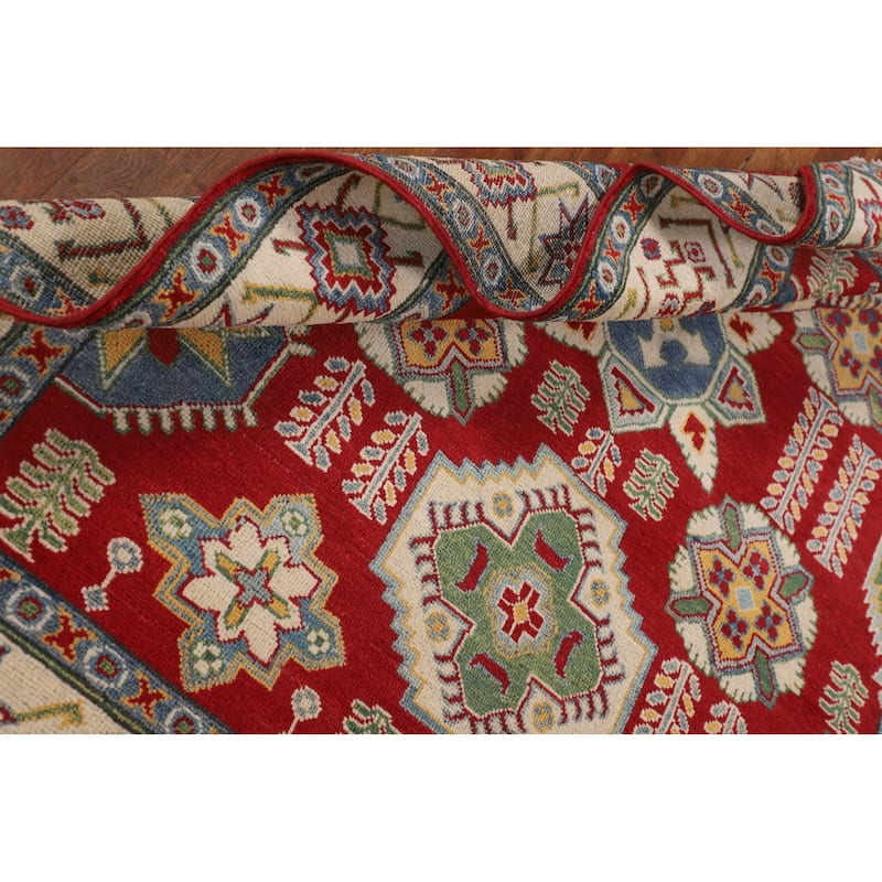 Red Geometric Kazak Rug Handmade Geometric Wool Carpet - 5'0" x 6'5"