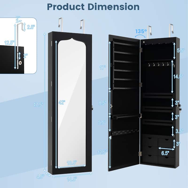 Gymax Wall Door Mounted LED Mirror Jewelry Cabinet Lockable Armoire
