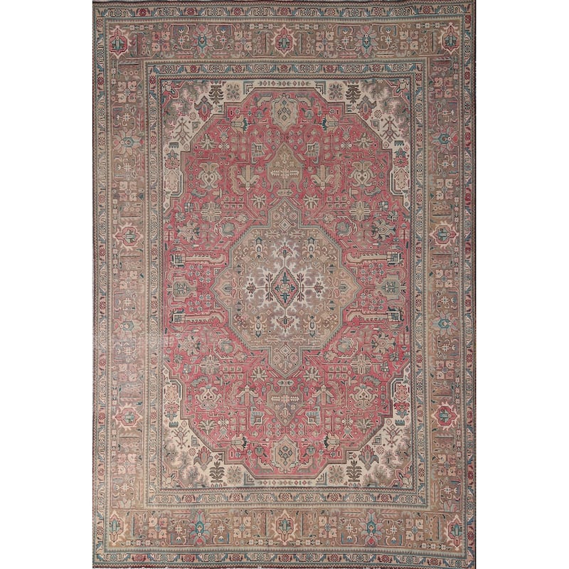 Pink Geometric Tabriz Persian Vintage Rug Hand-Knotted Wool Carpet - 6'7"x 9'8"