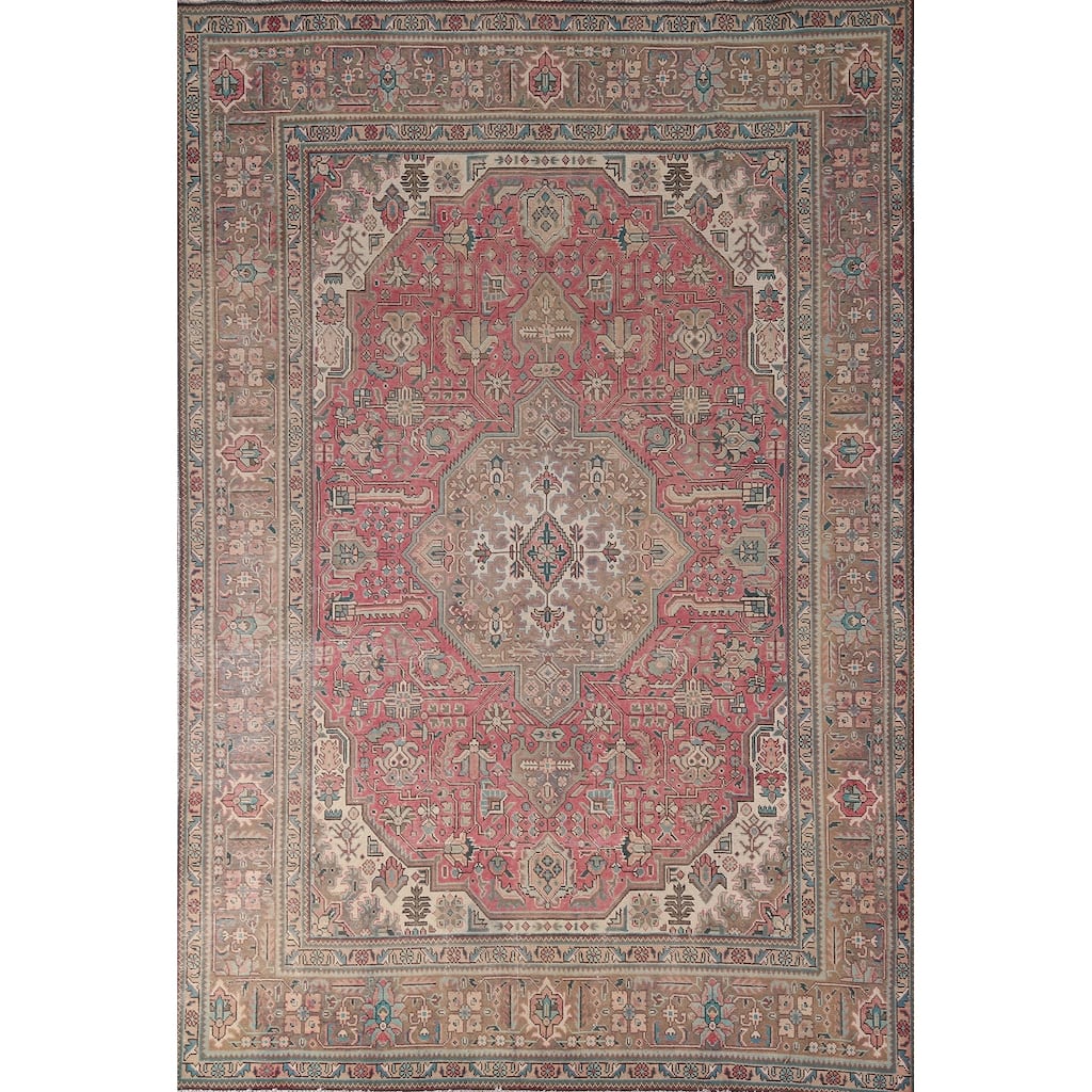 Pink Geometric Tabriz Persian Vintage Rug Hand-Knotted Wool Carpet - 6'7"x 9'8"