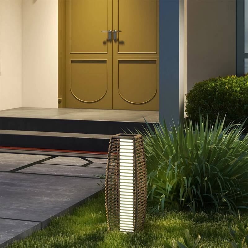 Outdoor Solar Floor Lamp with Warm White LED Waterproof Rattan and Steel Patio Lighting - 7.75" W x 7.75" D x 26.75" H