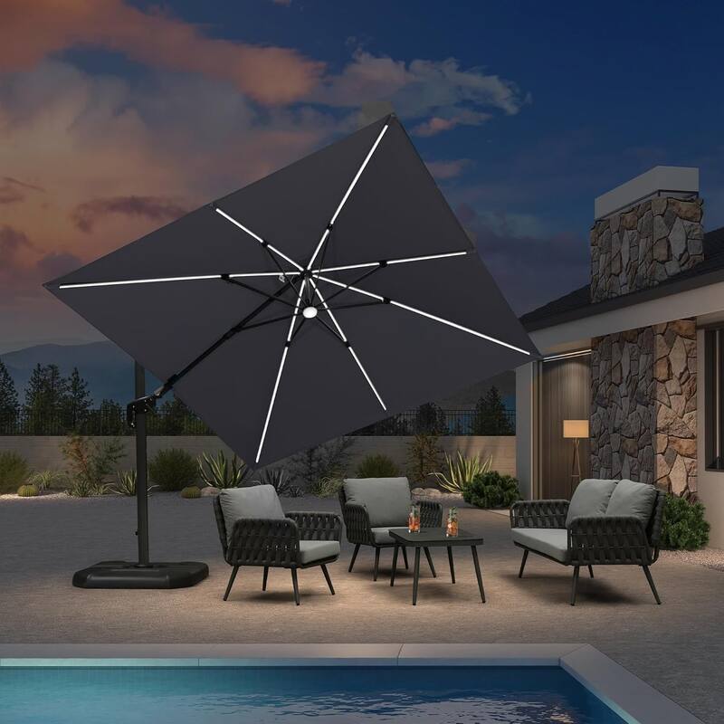 PURPLE LEAF 10 ft Solar Powered LED Patio Cantilever Umbrella with 360-degree Rotation - Light Grey