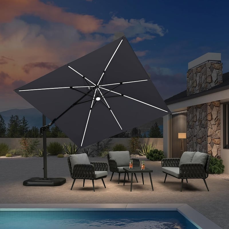 PURPLE LEAF 10 ft LED + Swivel Square Cantilever Umbrella With 360 Degree Rotation - Light Grey